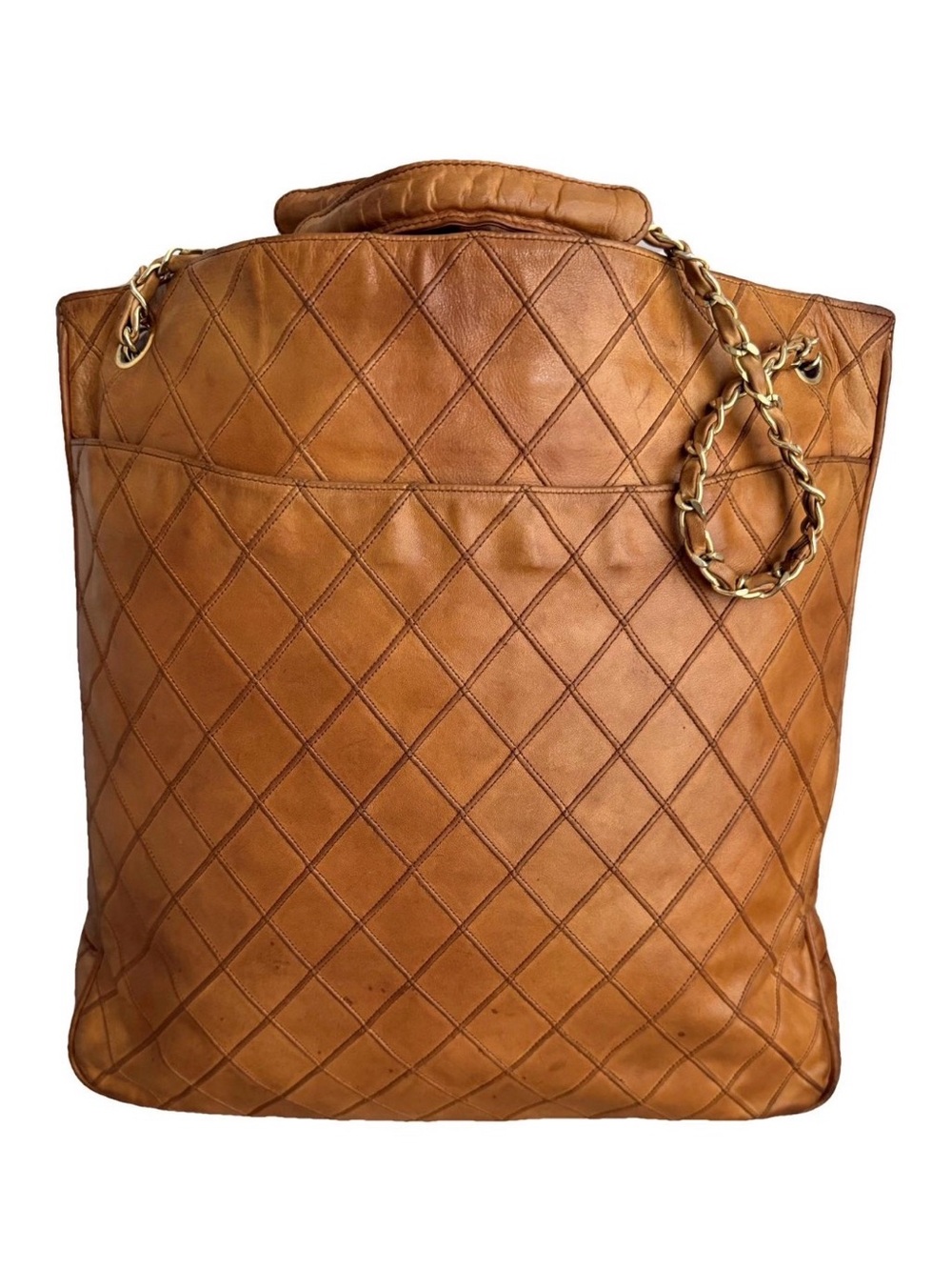 CHANEL Quilted Leather Tote Bag in Cognac Brown with Gold Chain Accent